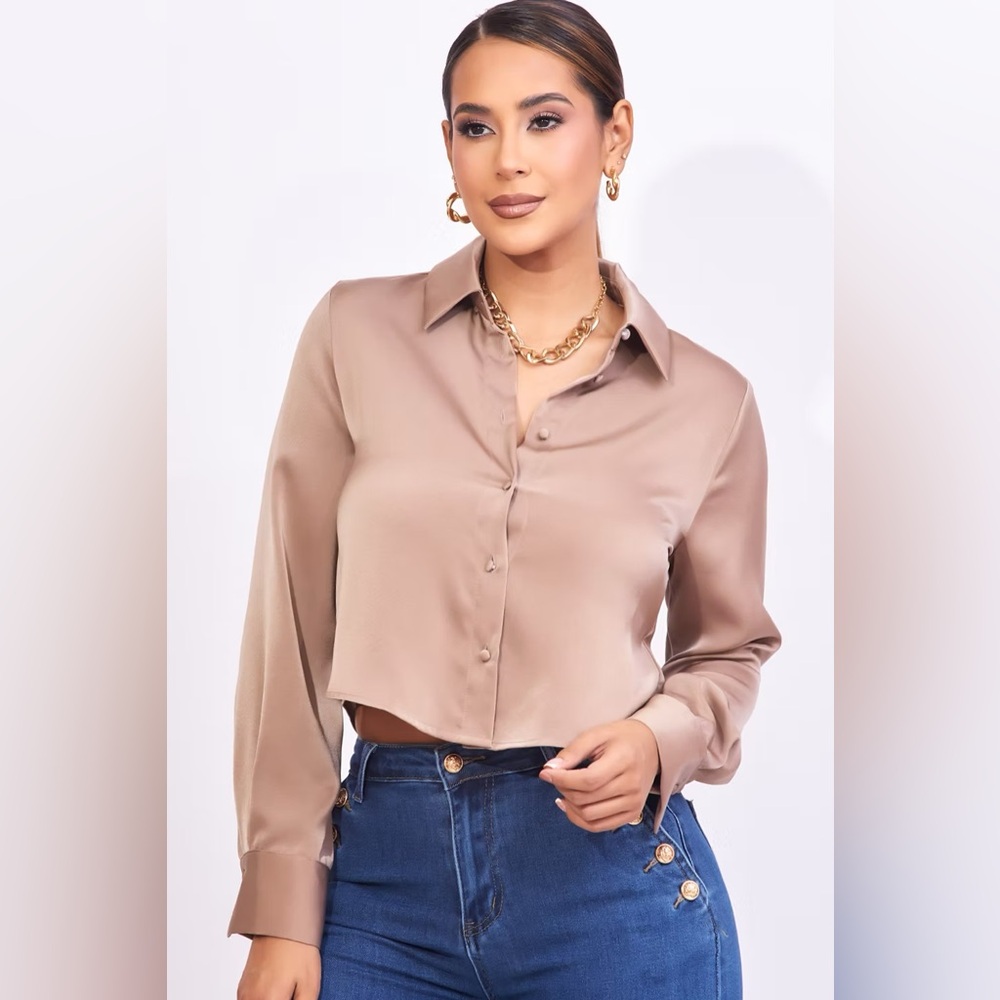 Elegant Brown Women's Blouse M Polyester 95% Spandex 5%